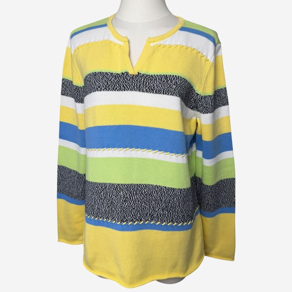Vtg Crazy Horse Sweater Womens L Yellow Blue Stripe V Neck Cotton‎ Knit Pullover